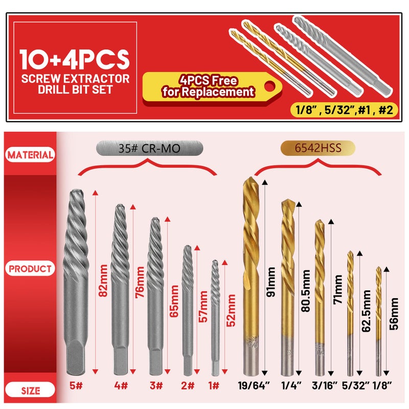 UYECOVE 14 Pieces Screw Extractor Set  35# Cr-Mo & 6542 HSS Steel Cobalt Left Hand Drill Bits Set for Removing Stripped Screws and Broken Bolts Ez Out Screw Extractor Set Broken Bolt Extractor Kit - Image 2